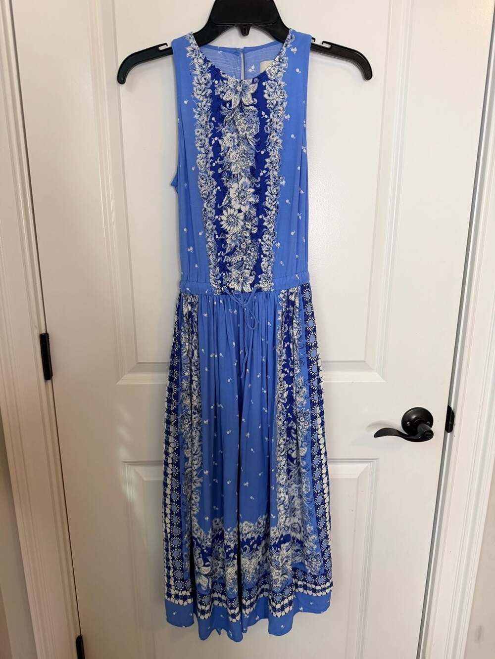 LOFT Sleeveless Blue Floral Print Midi Dress with Open Back Petite XXS